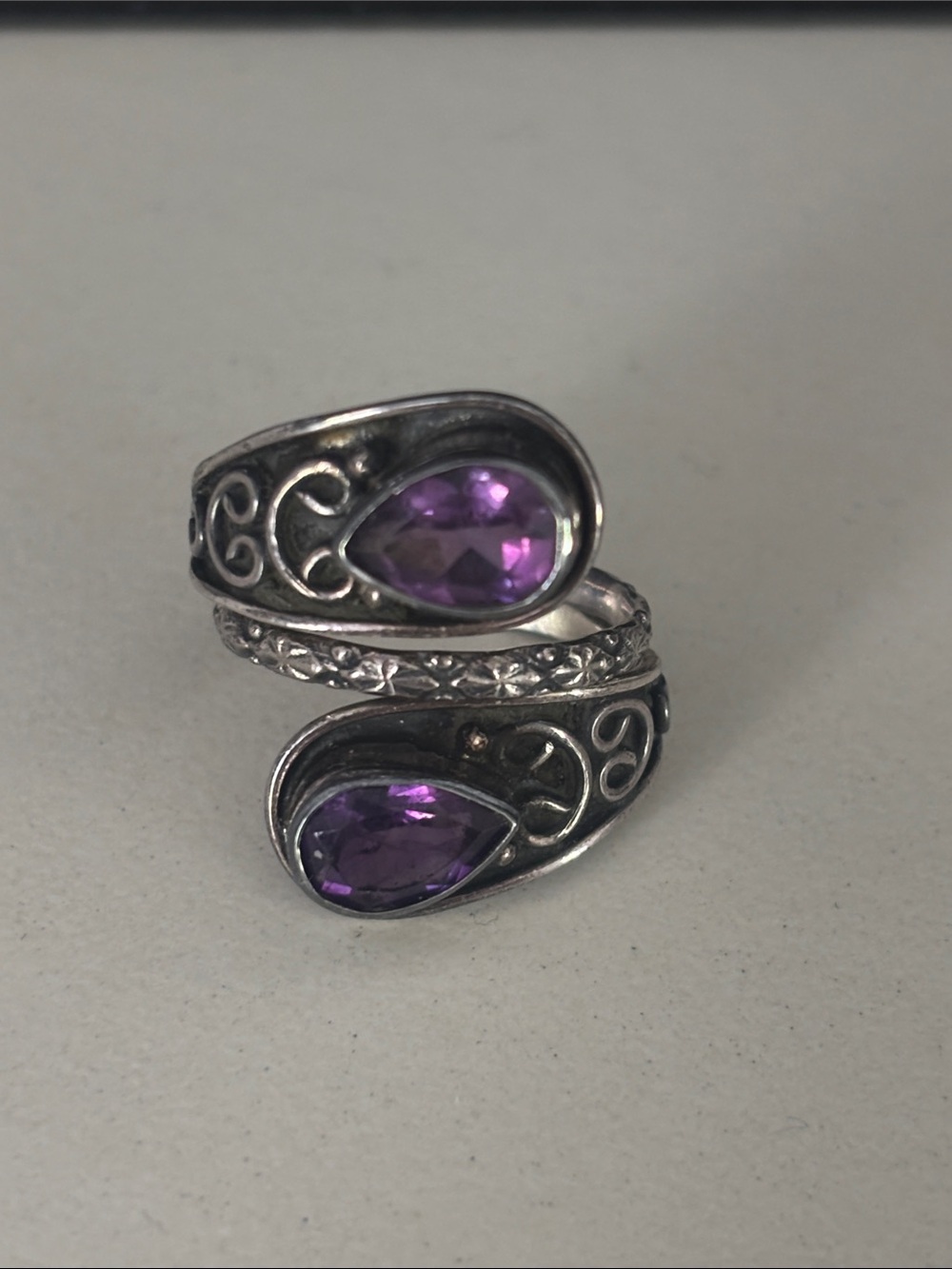 Sterling Silver Wrap Ring with Purple Teardrop Gemstones